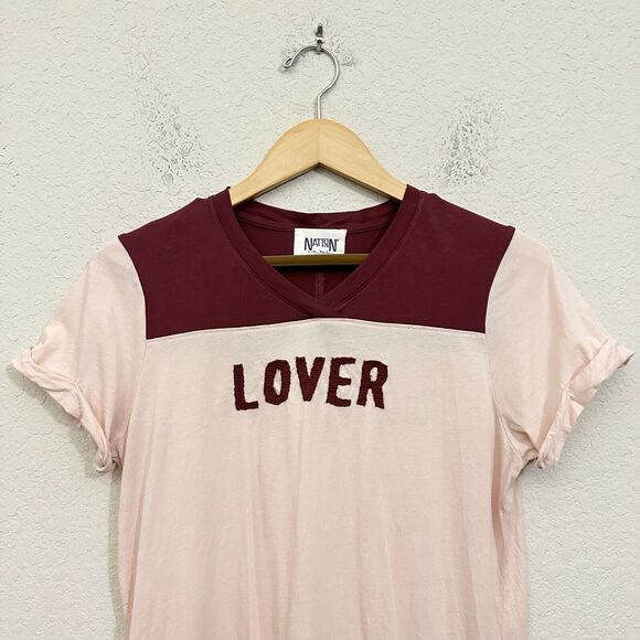 NATION LTD T-Shirt Light Pink "Lover Fighter" V-Neck SS Cotton - Picture 3 of 10